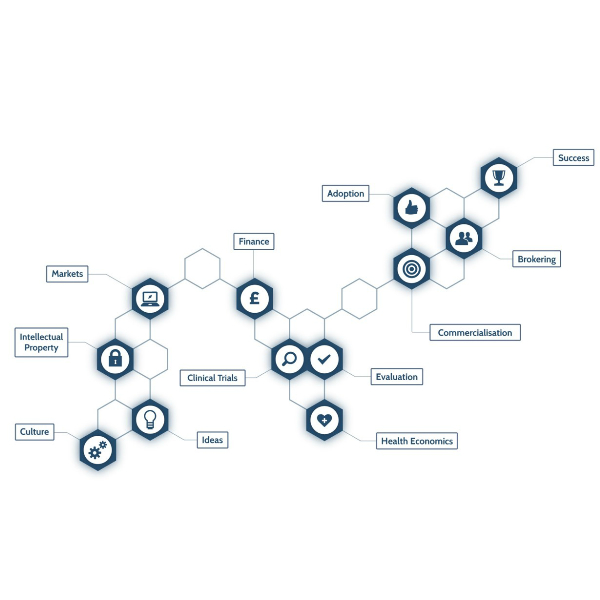 The Innovation Pathway including culture, ideas. intellectual property, markets, finance, clinical trials, health economics, evaluation, commercialisation, adoption, brokering and success