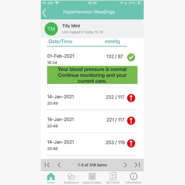 Screenshot of the Mymaternity app in use, showing how to enter a blood pressure result
