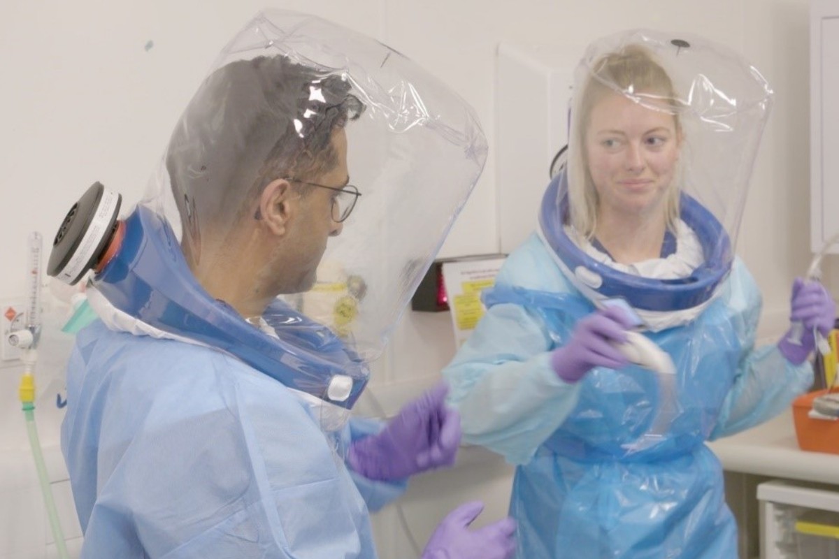 Frontline medical staff at Manchester University NHS Foundation Trust wearing innovative PPE respirator designed by medical staff in the fight against COVID-19