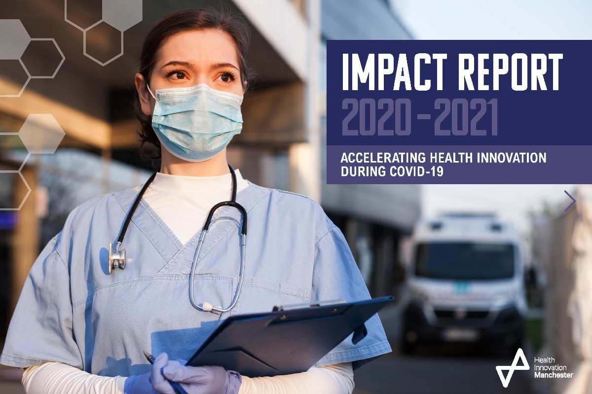 Front cover of Health Innovation Manchester Annual Impact Report 2020-2021