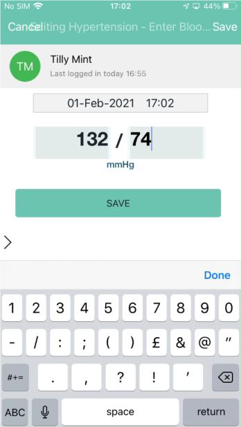 Screenshot of the Mymaternity app in use, showing how to enter a blood pressure result