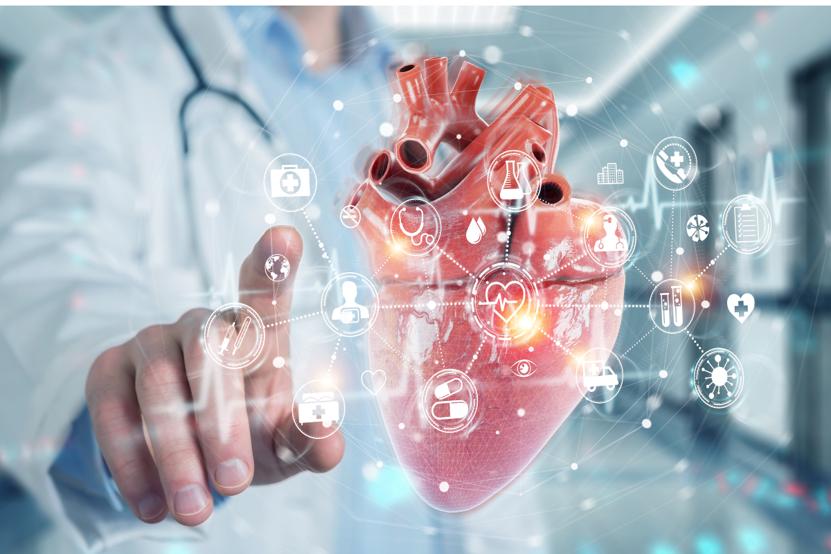 Cardiologist on blurred background using digital x-ray of human heart holographic scan projection 3D rendering