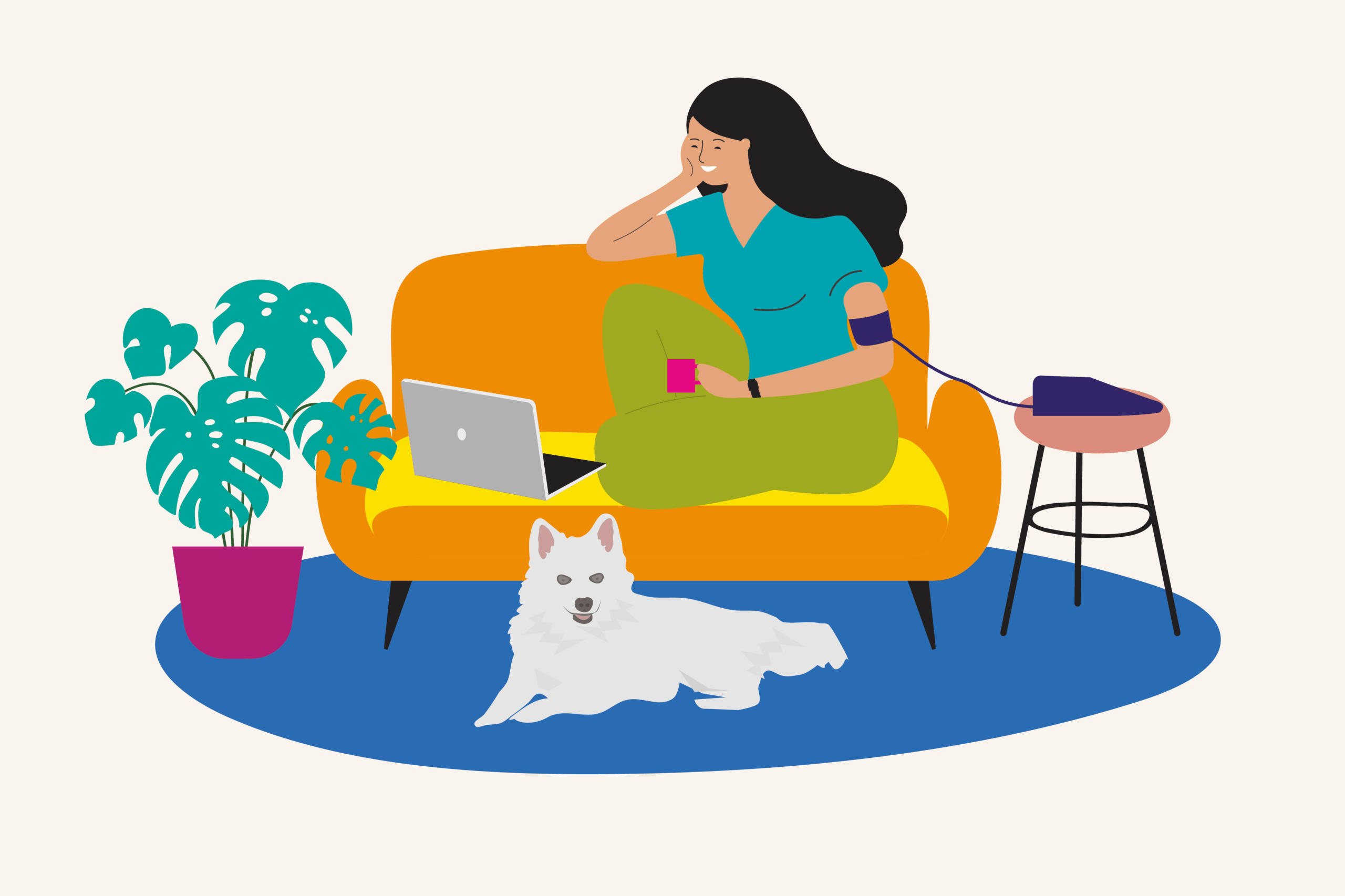 GM Hospital at Home - woman at home on sofa with dog, laptop and monitoring technology.