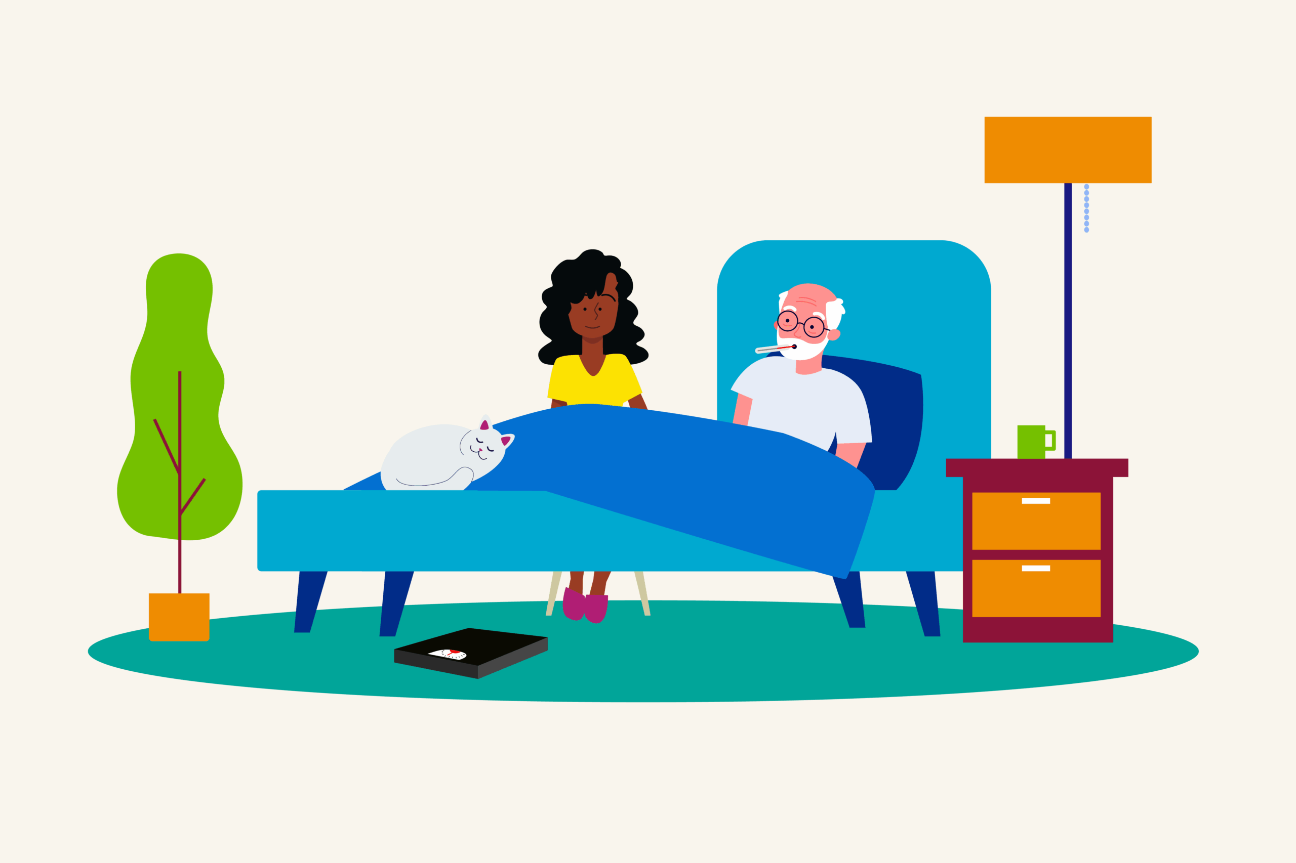 Hospital at Home - patient at home in bed with carer and cat