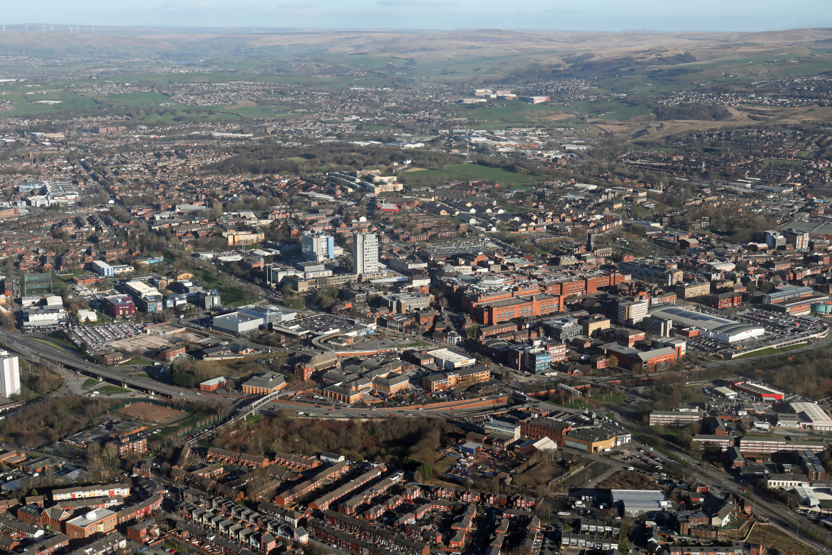 An aerial view of Oldham.