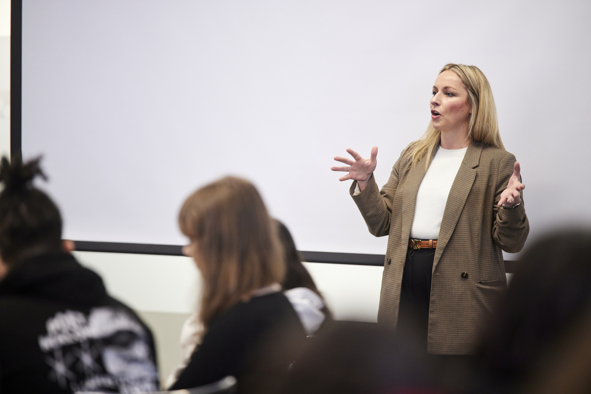 Greater Manchester Chamber of Commerce with Andy Burnham and eight colleges from across Manchester take about careers for young people in gtr Manchester. Pictured Laura Rooney presenting